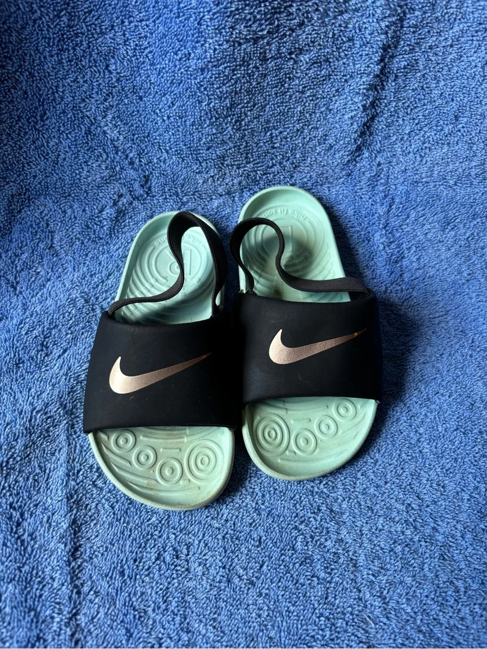 Nike Black Slides with Mint Green Footbed and Rose Gold Swoosh
